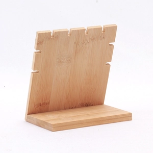 L-shaped bamboo wood necklace display stand with multiple slots on a white background