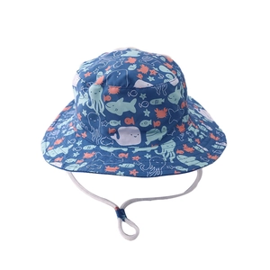 Kids navy sun hat with colorful marine life patterns and adjustable chin strap