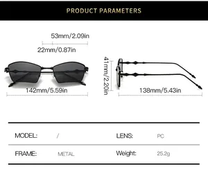 Detailed technical diagram showing lens width and frame dimensions for metal sunglasses