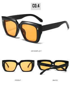 Square black frame sunglasses with orange lenses and gold rivet details in multiple angles