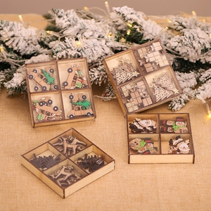 Cartoon DIY Wooden Christmas Decoration Ornaments Set Reindeer Xmas Tree Santa Snowman With Wooden Box Holiday Party Decor