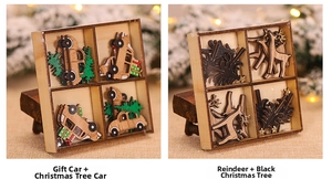 Detail of DIY wooden Christmas tree and reindeer ornaments in laser-cut wood boxes