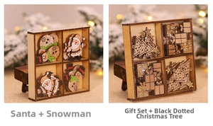 Detail of DIY wooden Christmas ornaments set featuring painted Santa and snowman designs