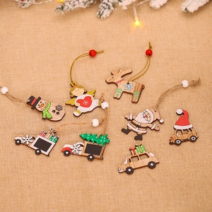 Set of 8 colorful wooden Christmas tree ornaments featuring reindeer and snowman designs