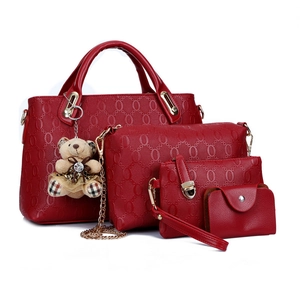 Red 4-piece set embossed tote bag with teddy charm and matching crossbody purses