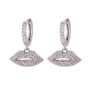 Sparkling silver lip-shaped drop earrings with micro-pave crystals for a chic fashion style