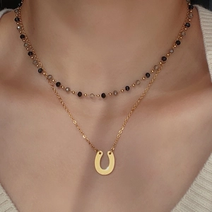 Double layer gold horseshoe pendant necklace with layered bead chain for women