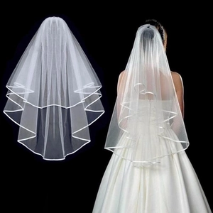 Bridal Veil Double Layer Soft Tulle Ribbon Edge Elbow Length With Comb Wedding Accessories For Women