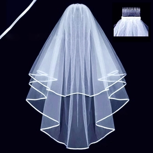 Close-up of the double-layer bridal veil with satin edge and secure comb attachment