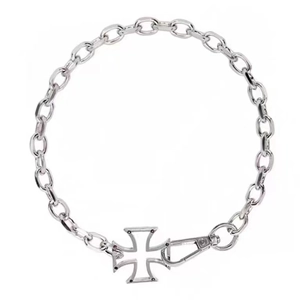 Mens hip hop cuban chain necklace with a hollow silver iron cross pendant on white background