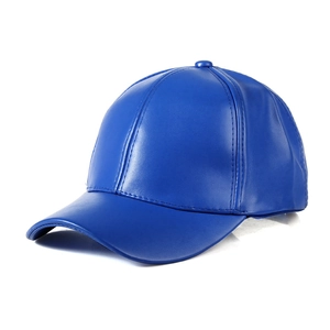 Detailed view of the smooth blue faux leather texture on the men's baseball cap