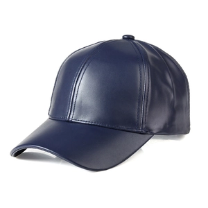 Side view of a navy blue faux leather baseball cap with a polished finish for men