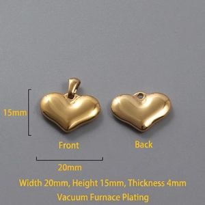 Front and back detail of a 20mm 18k gold plated stainless steel heart pendant