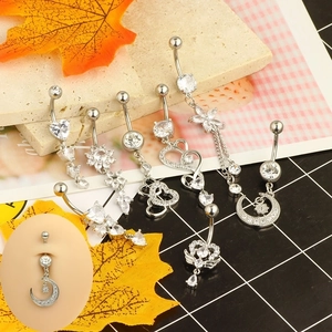 Stainless steel belly button rings set with zircon heart and butterfly pendants