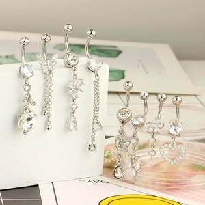 Silver stainless steel belly button rings with butterfly heart charms and cubic zirconia