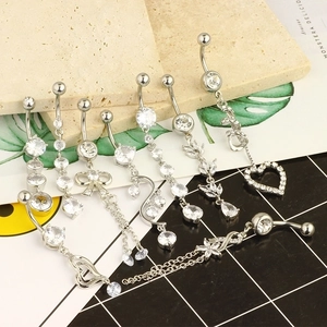 Set of 8 silver stainless steel belly rings with zircon butterfly and heart pendants