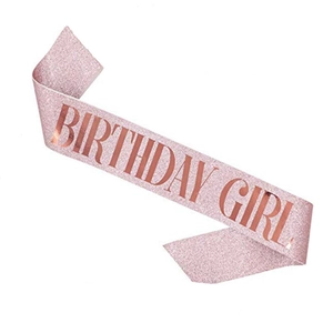 Pink glitter sash with rose gold Birthday Girl text for birthday party decoration