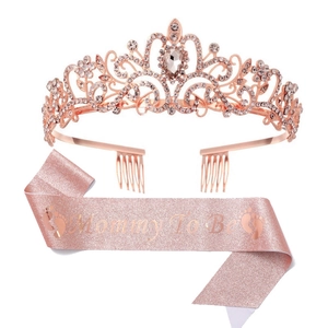 Rose gold Mommy To Be sash and rhinestone crown tiara set for baby shower parties