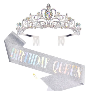 Detail view of Birthday Queen glitter sash and shimmering crystal tiara set in silver