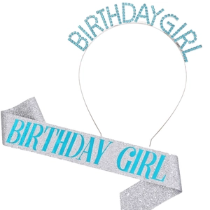 Detail of silver glitter BIRTHDAY GIRL sash and blue rhinestone headband set