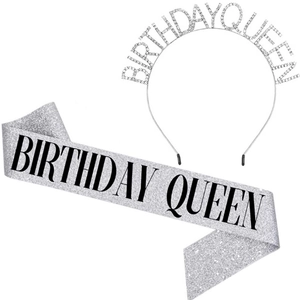 Detail of silver BIRTHDAY QUEEN glitter sash and rhinestone tiara party set