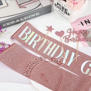 Rose gold Birthday Girl sash and rhinestone headband set with cake toppers
