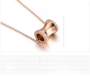 Detailed specs of rose gold stainless steel cylinder pendant necklace with zircon stone