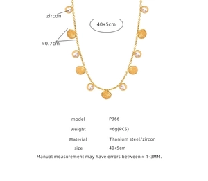 Detail view of gold-plated shell and pink zircon pendant necklace with size dimensions