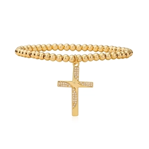 Golden beaded stretch bracelet with cross pendant and micro-set cubic zirconia accents