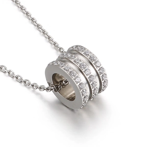 Polished silver titanium steel cylinder pendant necklace with sparkling zircon inlay