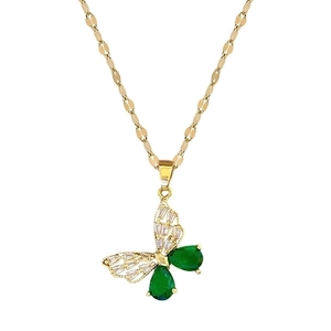 Elegant gold-tone hollow butterfly necklace with green and white cubic zirconia stones