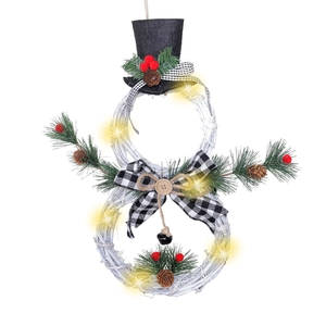 Christmas snowman rattan wreath with warm LED lights and pine cone holiday decorations