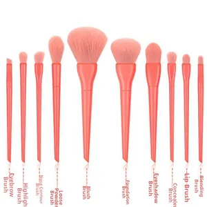Detail of 10-piece coral pink makeup brush set with labels for powder and eye brushes