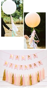 Kit déco Happy Birthday rose et doré avec guirlandes à franges et ballons de fête