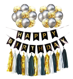 Détails de la bannière Happy Birthday noir et or avec ballons et glands en papier festif