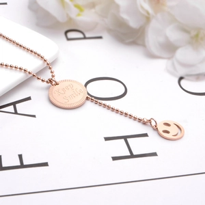 Rose gold smile face circular pendant bead chain necklace for women with Keep Smile charm