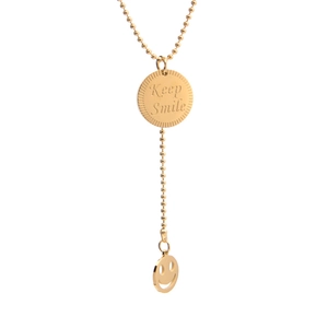 Golden titanium steel beaded necklace with Keep Smile and smiley face pendants on white background