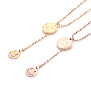 Stainless Steel Necklace With Round Plate Keep Smile Engraving And Smiley Pendant Gold Plated Bead Chain For Women