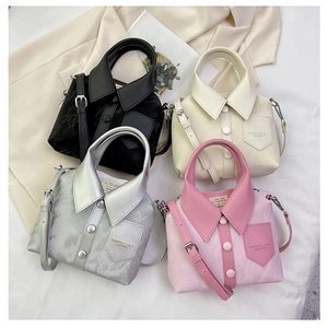 Detailed grid view of four creative shirt-collar shaped crossbody bags in multiple colors
