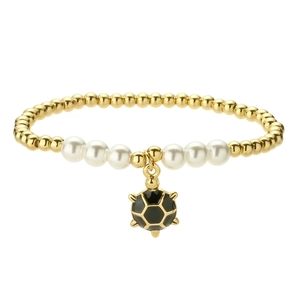 Golden beads and white pearl bracelet featuring a black sea turtle pendant for women