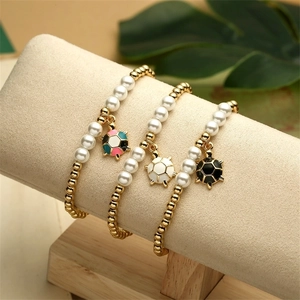 Beaded Bracelet With Copper Gold Beads White Faux Artificial Pearl Enamel Turtle Dolphin Pendant Summer Ocean Beach Style