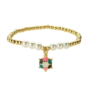 Summer ocean bracelet with golden beads, white pearls and a colorful enamel turtle charm