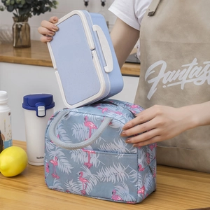 Insulated lunch bag with flamingo print and matching leakproof bento box container