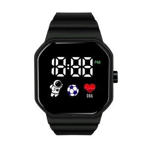 Square black digital sports watch with astronaut icon and soft silicone strap