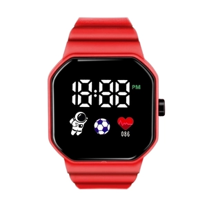 Red astronaut digital sports watch with square LED screen and durable silicone strap