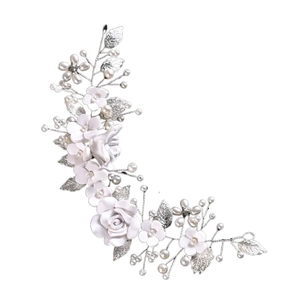 Handmade bridal hairpiece with white ceramic flowers, silver leaves, and pearls
