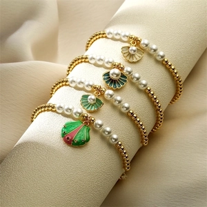 Enamel Shell Artificial Pearl Beaded Bracelet Copper Gold Plated Ocean Beach Summer Style Jewelry For Women