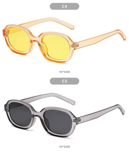 Detail view of oval concave sunglasses in transparent orange and grey frame options