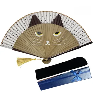 Japanese style cat pattern folding fan set with golden tassel and blue textured gift box
