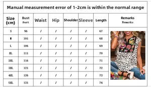 Size chart table for women leopard print t-shirt showing S to 5XL measurements in cm